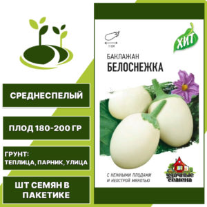 Баклажан "Белоснежка" серия "ХИТ", белый, УДАЧНЫЕ СЕМЕНА, открытый и закрытый грунт, количество семян в пакетике 0,3 гр