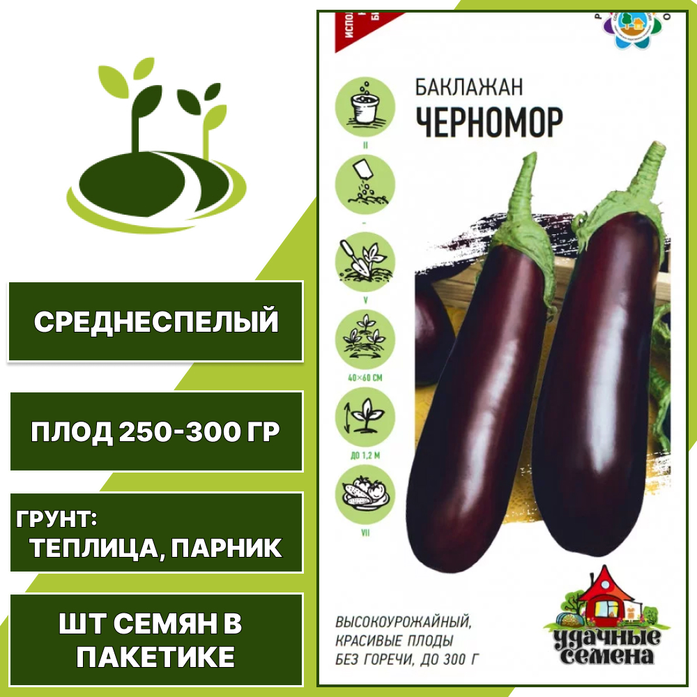 Баклажан "Черномор", темно-фиолетовый, УДАЧНЫЕ СЕМЕНА, закрытый грунт, количество семян в пакетике 0,1 гр