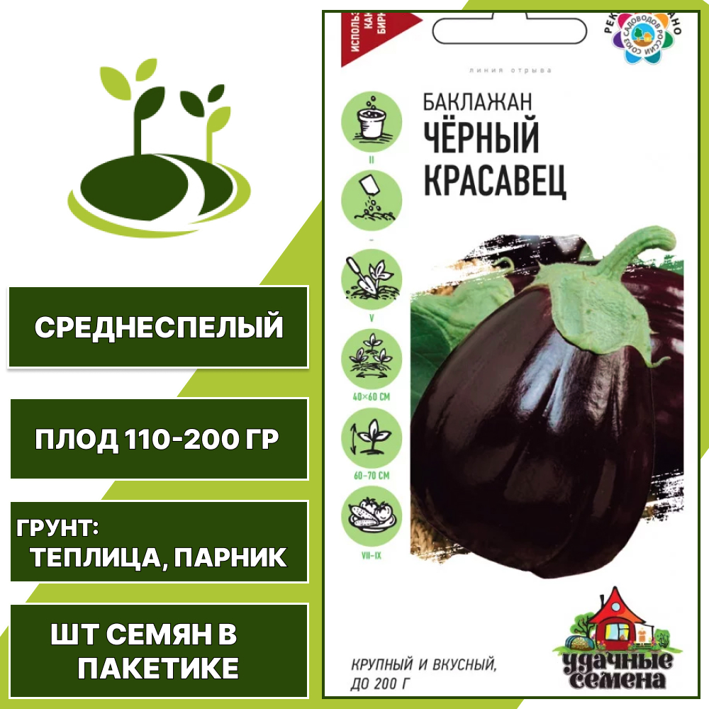 Баклажан "Черный Красавец", коричнево-фиолетовый, УДАЧНЫЕ СЕМЕНА, закрытый грунт, количество семян в пакетике 0,1 гр