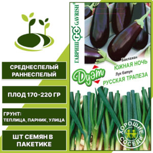 Набор семян Дуэт Баклажан + Лук батун: Южная Ночь, Русская Трапеза. ГАВРИШ, открытый и закрытый грунт, количество семян в пакетике 0,3 гр + 0,5 гр