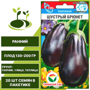 Баклажан "Шустрый Брюнет", темно-фиолетовый, СИБИРСКИЙ САД, открытый и закрытый грунт, количество семян в пакетике 20 шт