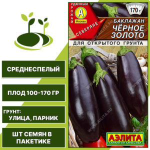 Баклажан "Черное Золото", АГРОФИРМА АЭЛИТА, темно-фиолетовый, открытый грунт, количество семян в пакетике 0,3 гр