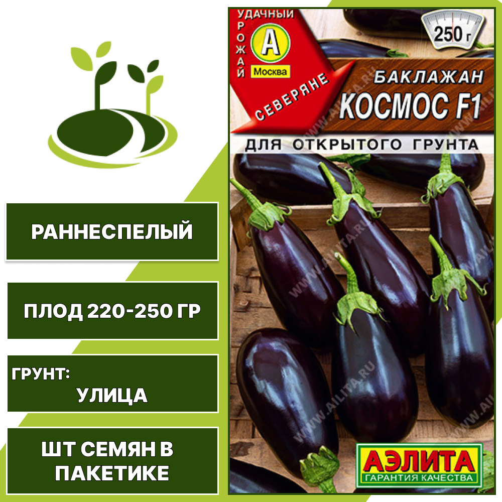 Баклажан "Космос" F1, АГРОФИРМА АЭЛИТА, темно-фиолетовый, открытый грунт, количество семян в пакетике 0,2 гр