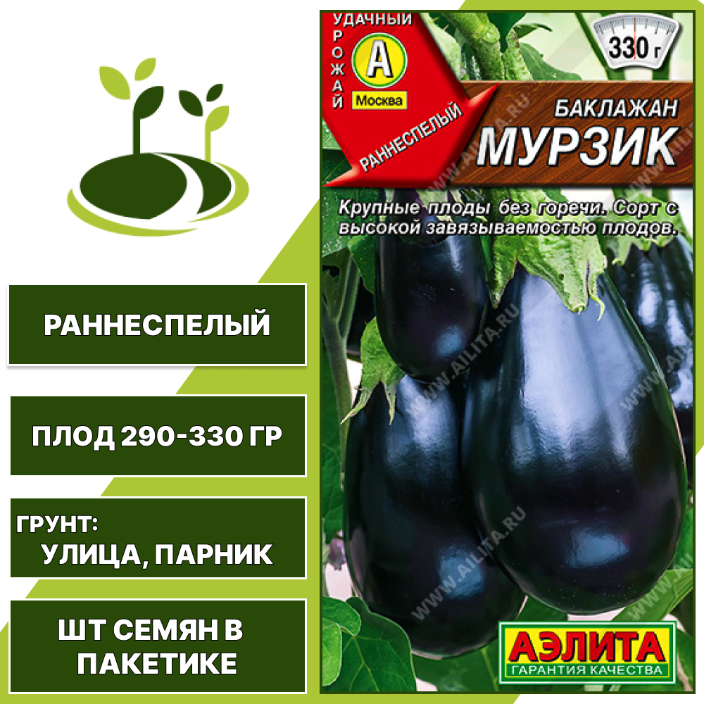 Баклажан "Мурзик", АГРОФИРМА АЭЛИТА, темно-фиолетовый, открытый и закрытый грунт, количество семян в пакетике 0,3 гр