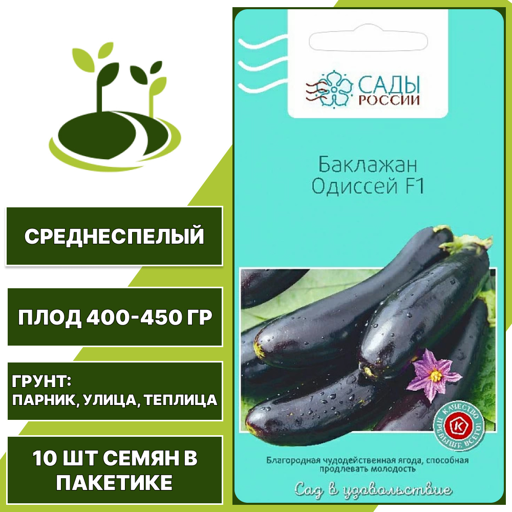 Баклажан "Одиссей" F1, САДЫ РОССИИ, фиолетово-черный, открытый и закрытый грунт, количество семян в пакетике 10 шт