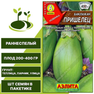 Баклажан "Пришелец", АГРОФИРМА АЭЛИТА, зеленый, открытый и закрытый грунт, количество семян в пакетике 0,3 гр