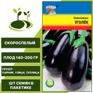 Баклажан "Уголек", УРОЖАЙ УДАЧИ, ярко-фиолетовый, открытый и закрытый грунт, количество семян в пакетике 0,3 гр
