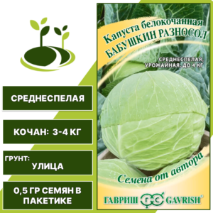 Капуста белокочанная Бабушкин разносол, ГАВРИШ, среднеспелая, количество семян в пакетике 0,5 гр