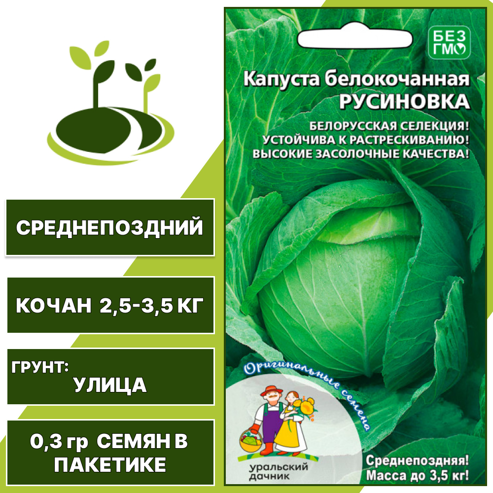 Капуста белокочанная Русиновка, УРАЛЬСКИЙ ДАЧНИК, количество семян в пакетике 0,3 гр