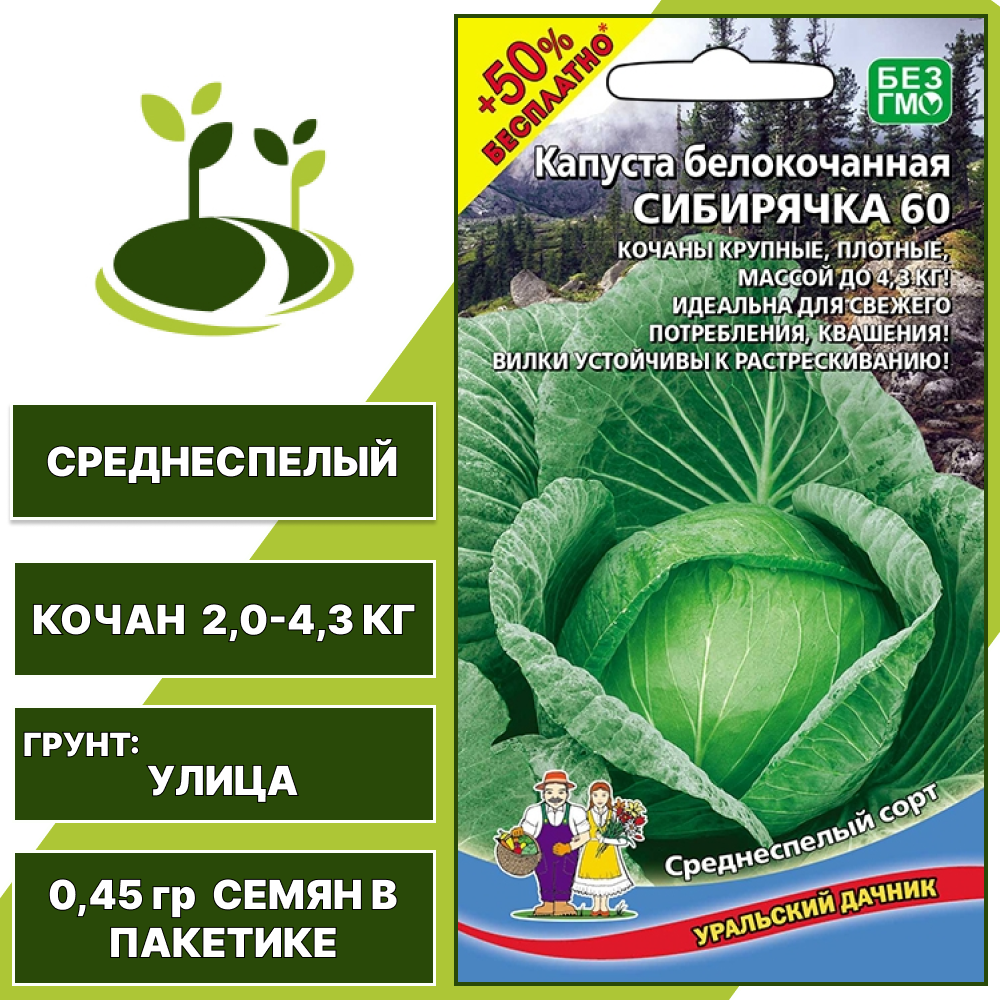 Капуста белокочанная Сибирячка 60 + 50% бесплатно, УРАЛЬСКИЙ ДАЧНИК, количество семян в пакетике 0,45 гр