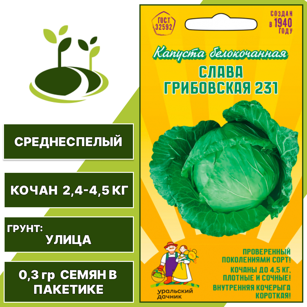 Капуста белокочанная Слава Грибовская 231, УРАЛЬСКИЙ ДАЧНИК, количество семян в пакетике 0,3 гр