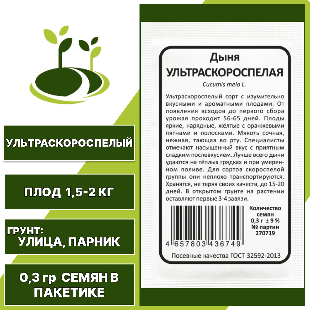 Дыня Ультраскороспелая белый пакет, УРАЛЬСКИЙ ДАЧНИК, количество семян в пакетике 0,3 гр