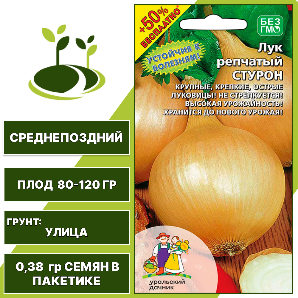 Лук репчатый Стурон + 50% бесплатно, УРАЛЬСКИЙ ДАЧНИК, количество семян в пакетике 0,38 гр